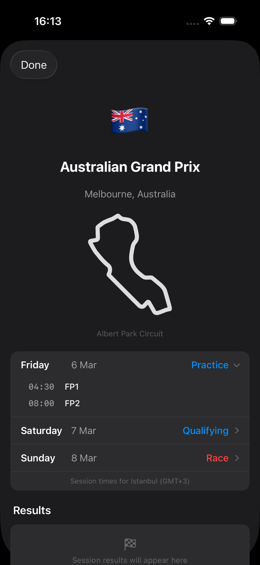 Formula GP Calendar 2026 app screenshot
